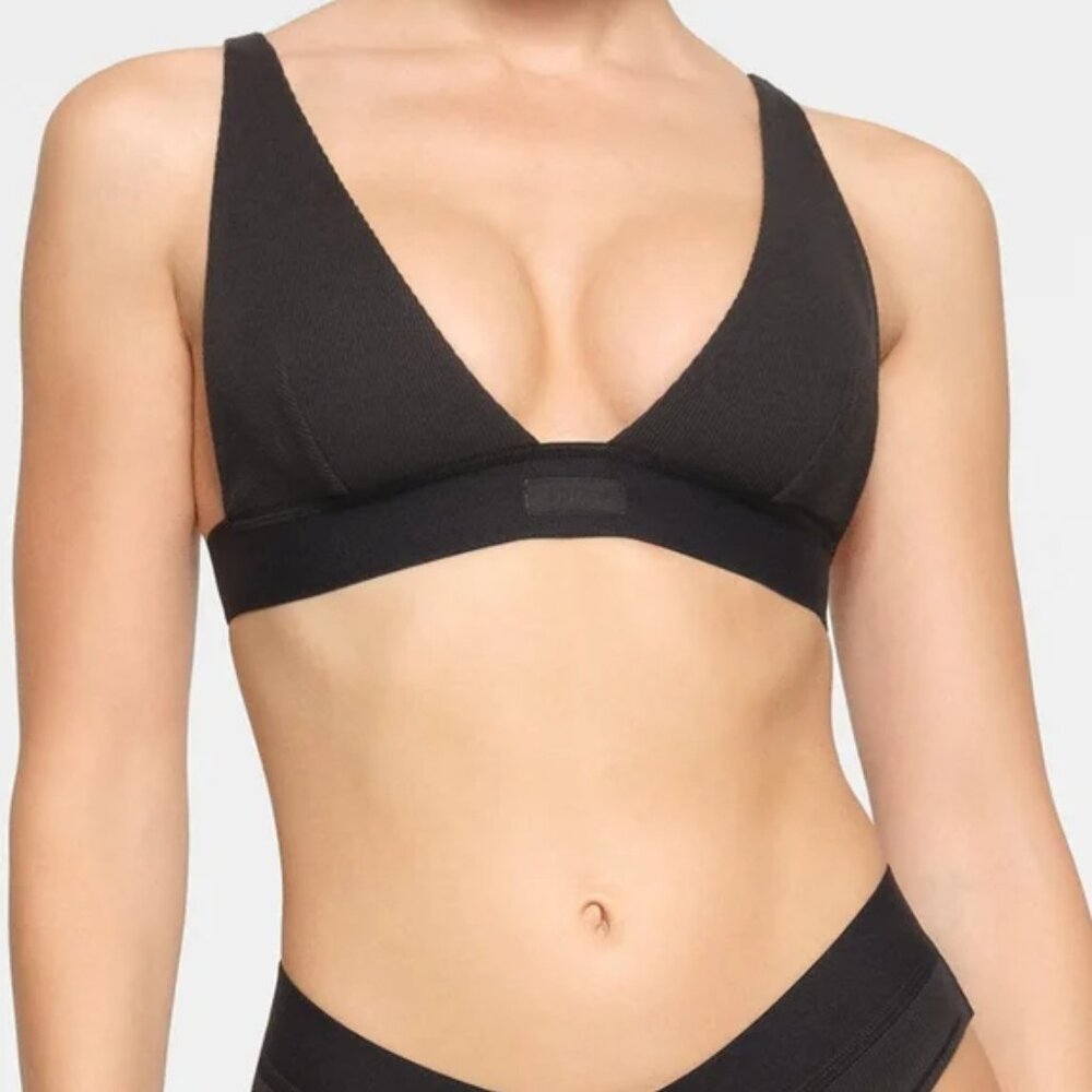 Skims Cotton Ribbed Plunge Bralette Soot Like NEW  Size:Large